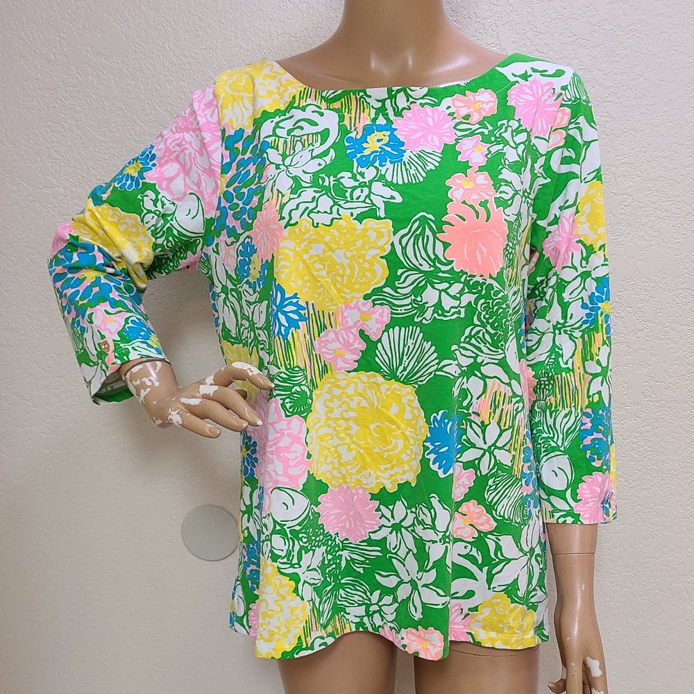 LILLY PULITZER FLORAL PRINT 3/4-SLEEVES STRETCH PERUVIAN COTTON KNIT T-SHIRT XL